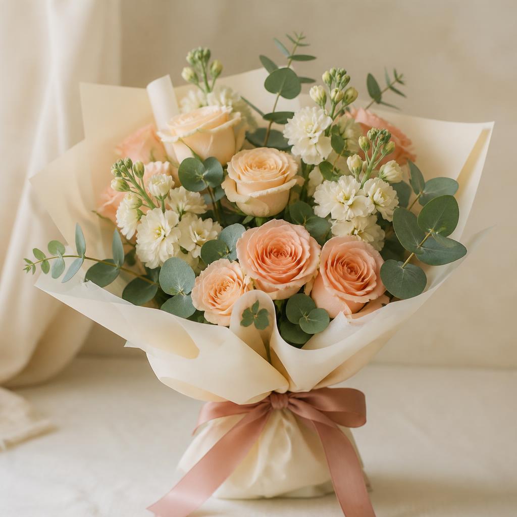 Peach rose and cream stock bouquet with dusty rose ribbon