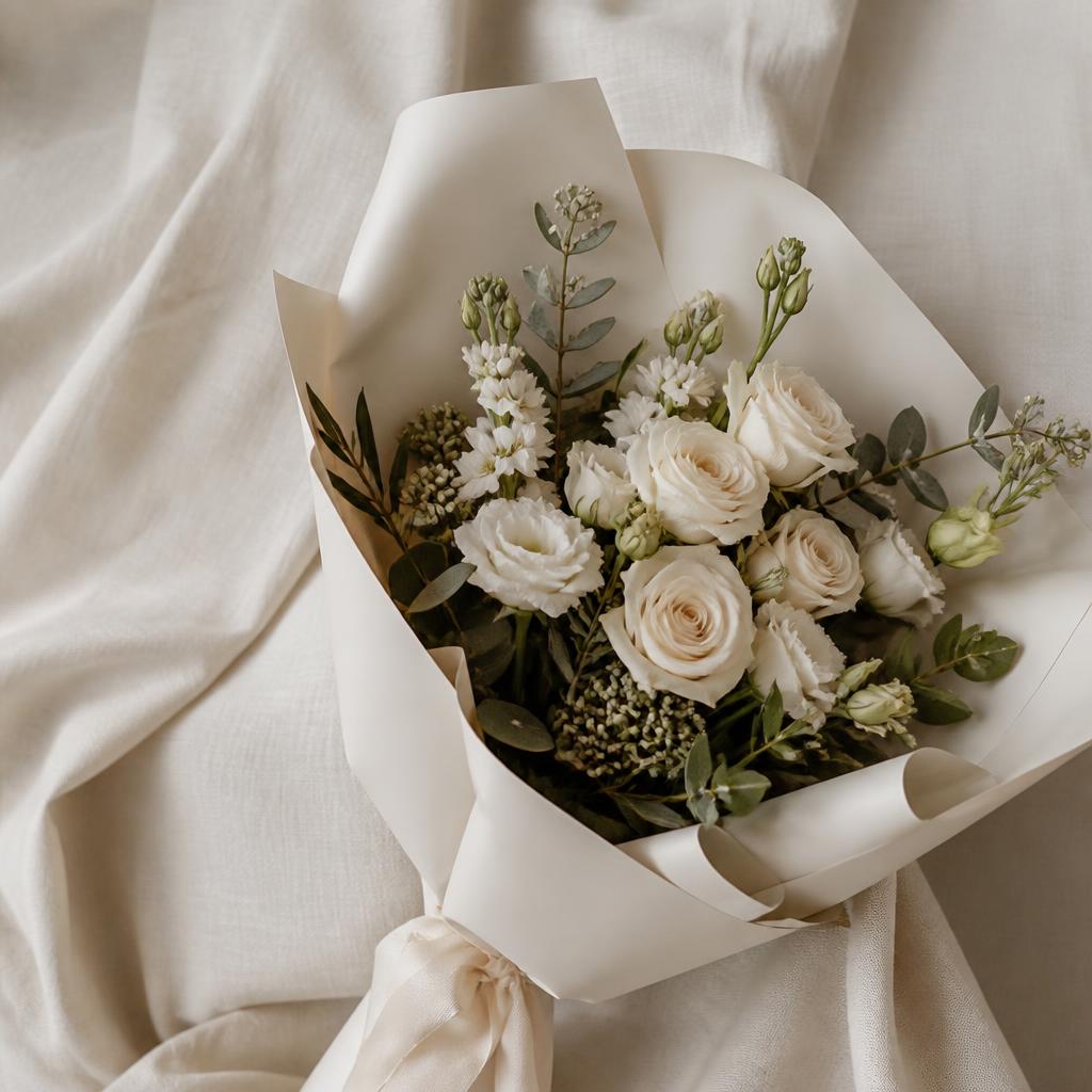 Cream rose and white lisianthus bouquet in ivory wrap on cream linen