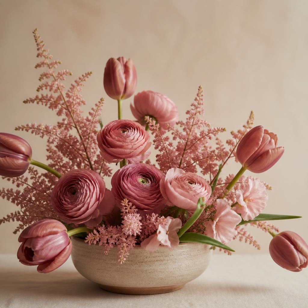 Dusty rose ranunculus and tulip arrangement in a beige ceramic bowl