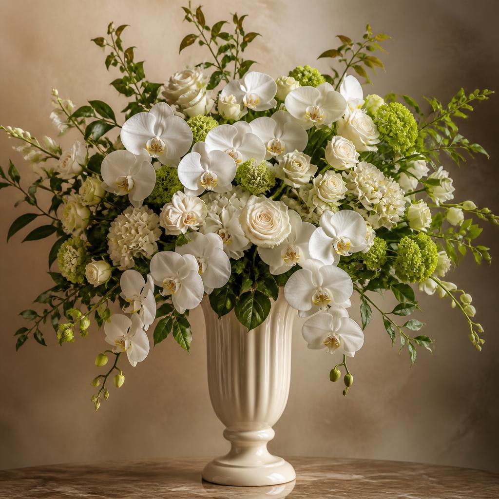 Large white orchid and cream rose arrangement in an ivory footed vase