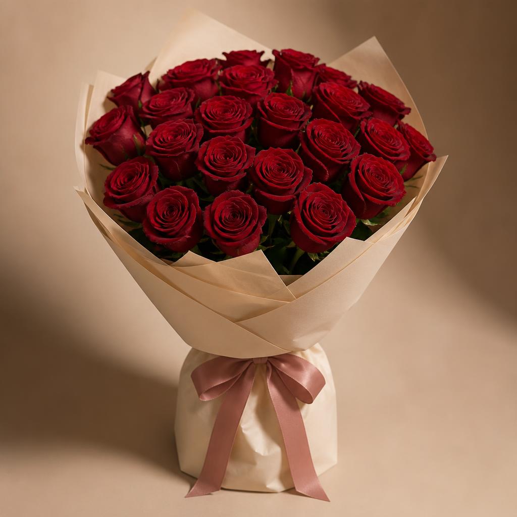 Deep red roses wrapped in ivory paper with a dusty rose ribbon