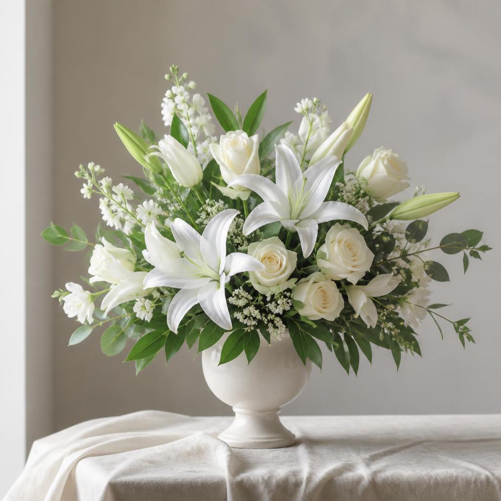 White lily and rose sympathy arrangement in a cream footed vase